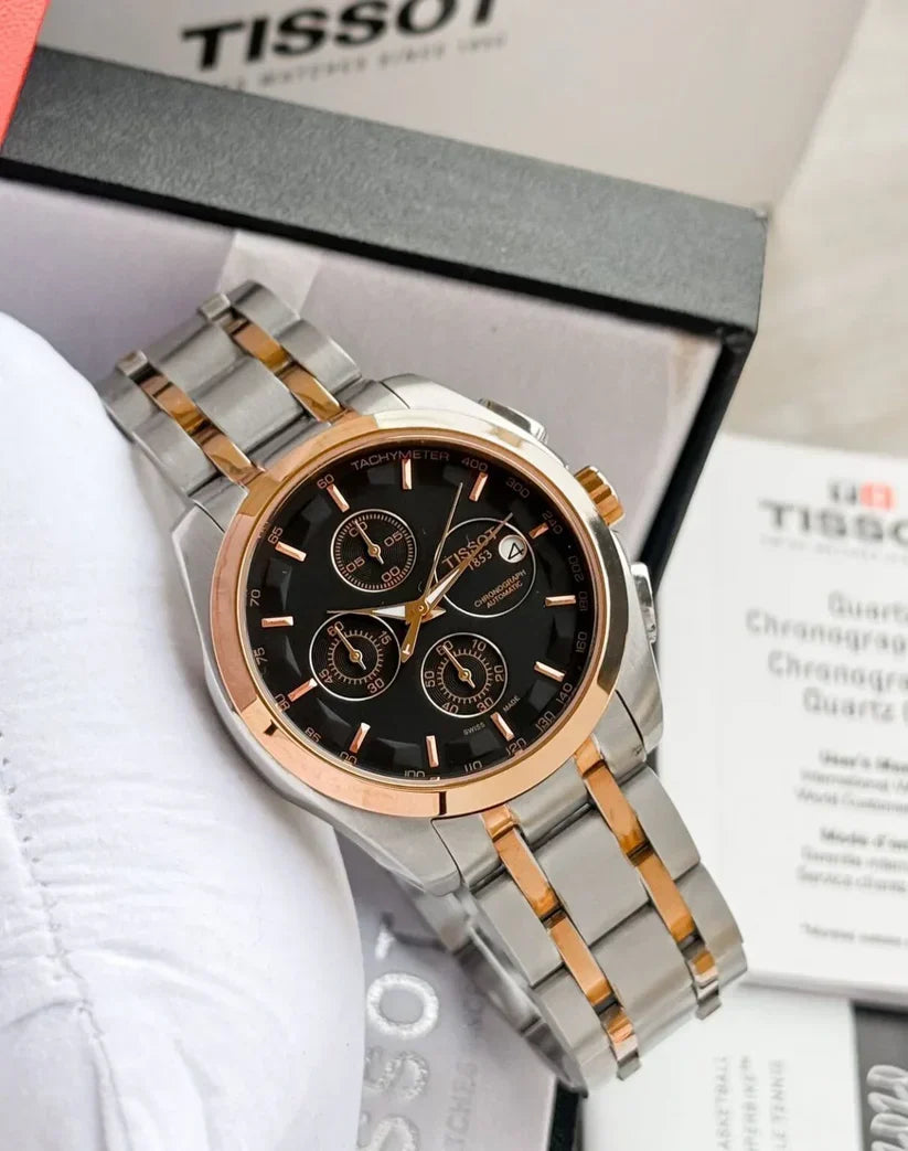Tiss0t 1853 Black Dial with Rose Gold Bezel 7AA Premium Chronograph Watch for Men