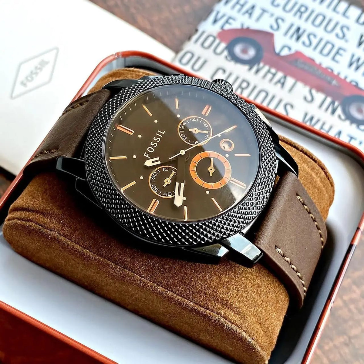 F0ssil Machine FS4656 Black Dial Chronograph Copy Watch for Men – Brown Leather Strap