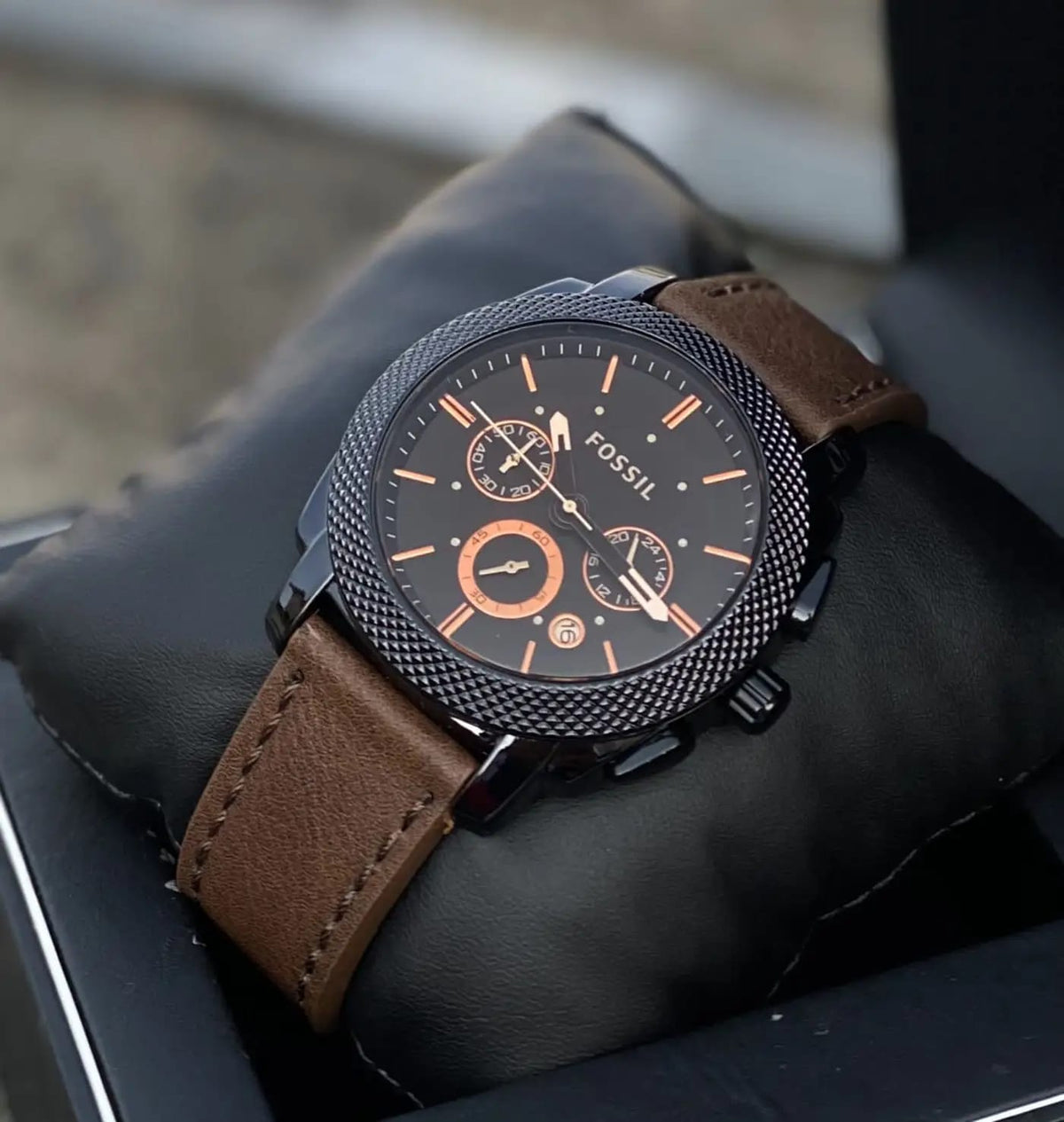 F0ssil Machine FS4656 Black Dial Chronograph Copy Watch for Men – Brown Leather Strap