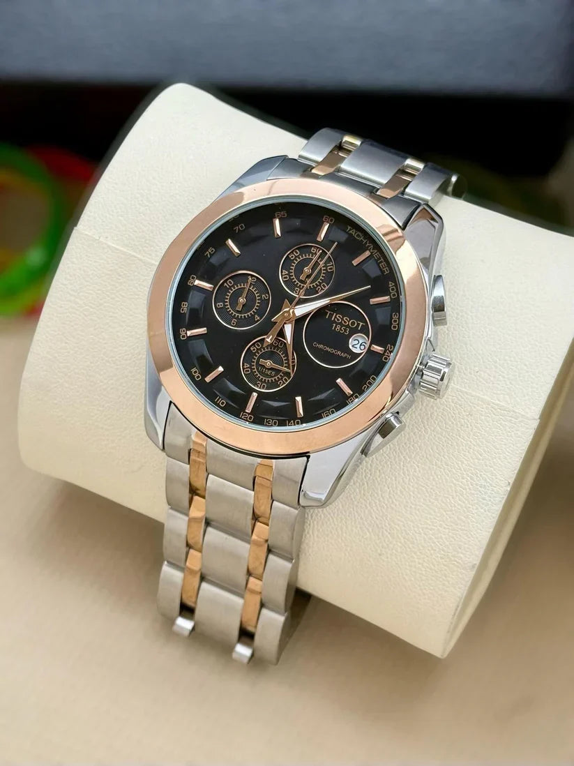 Tiss0t 1853 Black Dial with Rose Gold Bezel 7AA Premium Chronograph Watch for Men