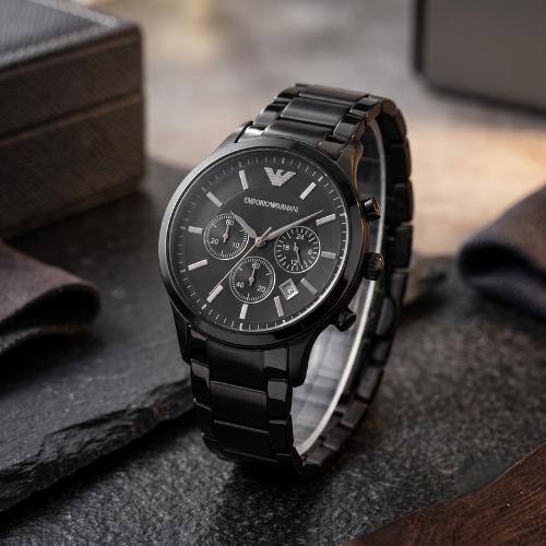 Empori0 Arma-ni Black Dial Stainless Steel Copy Watch