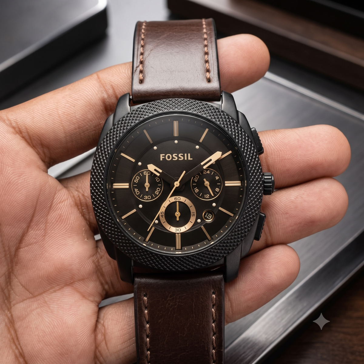 F0ssil Machine FS4656 Black Dial Chronograph Copy Watch for Men – Brown Leather Strap