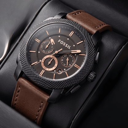 F0ssil Machine FS4656 Black Dial Chronograph Copy Watch for Men – Brown Leather Strap